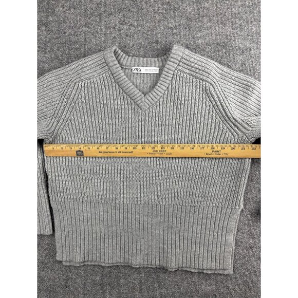 Zara Sweater Women's S Gray Cable Knit Wool Blend V Neck Pullover Side Slits - Picture 3 of 7